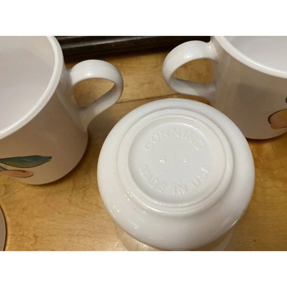 Corelle Fruit Basket Mugs Set 6 Apples Cherries White Coffee Cups Vintage Tea